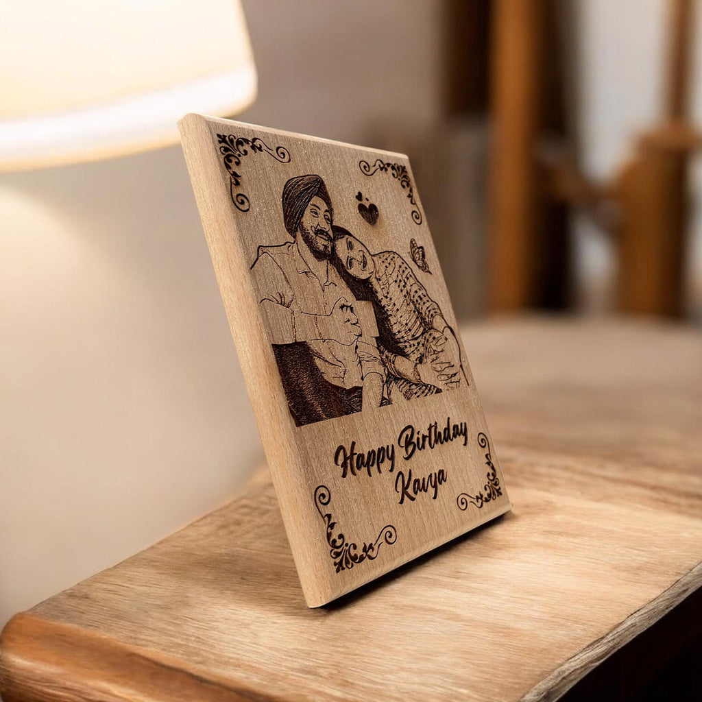 Side view of engraved wooden photo frame