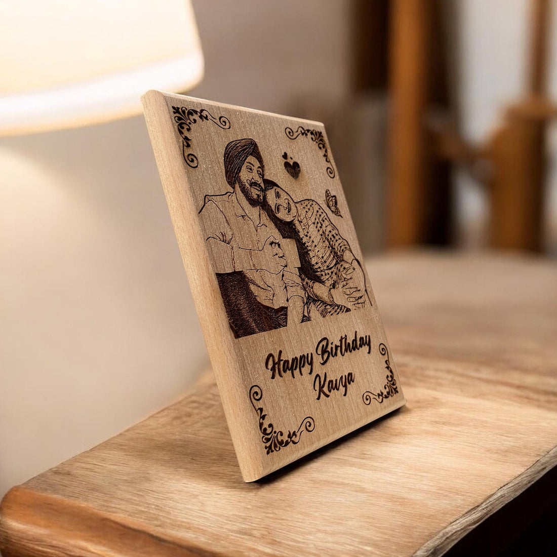 Side view of engraved wooden photo frame