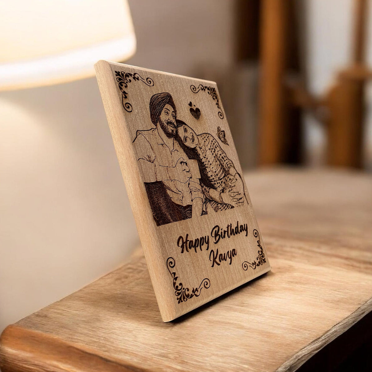 Side view of engraved wooden photo frame
